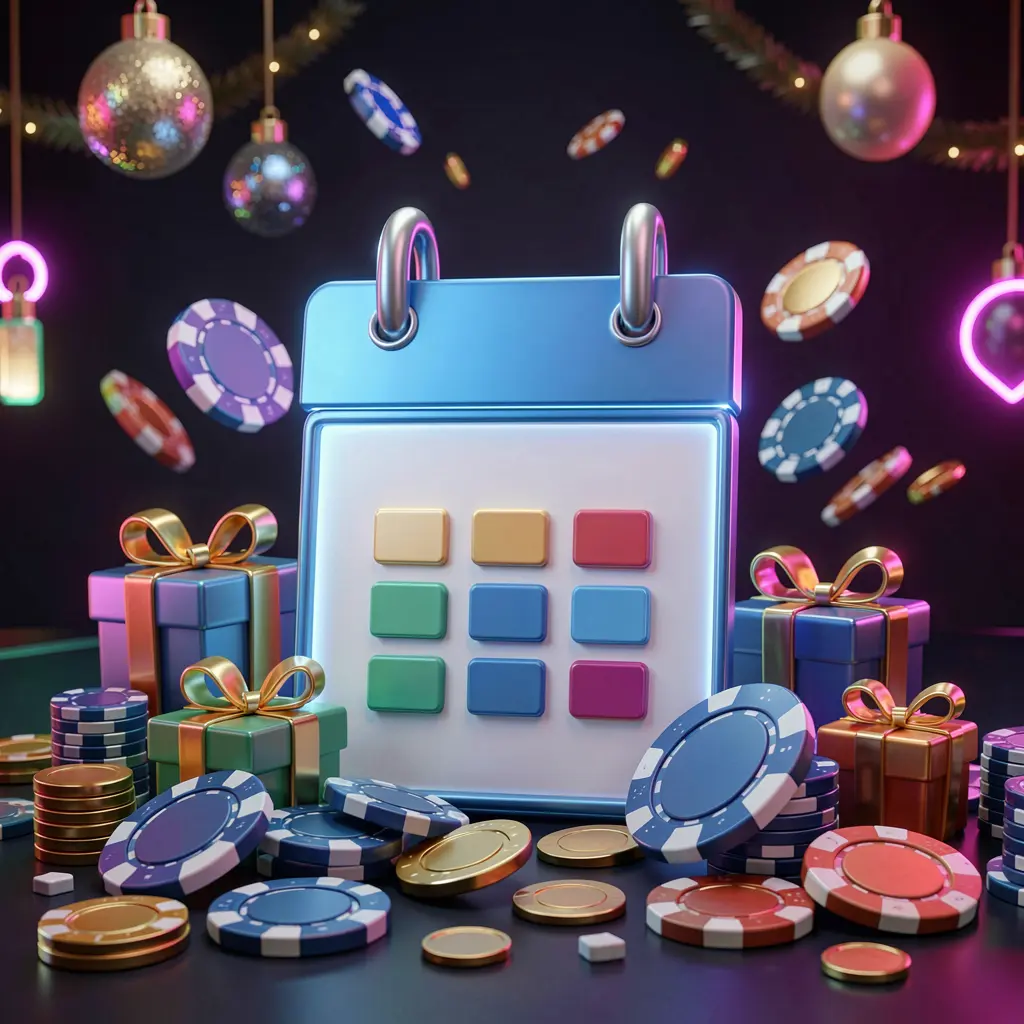 Konsep bonus kasino mingguan RR899 yang menampilkan ikon kalender, kotak hadiah, koin, dan chip dengan latar belakang gelap meriah serta cahaya neon dalam gaya 3D premium